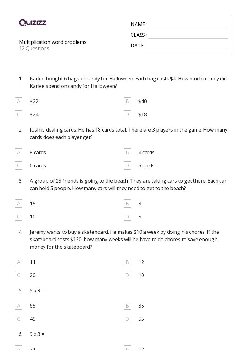 50+ Multiplication Word Problems worksheets for 3rd Grade on Quizizz