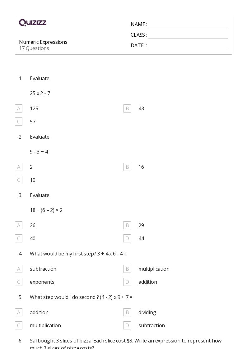 50+ Expressions worksheets for 5th Grade on Quizizz Free & Printable