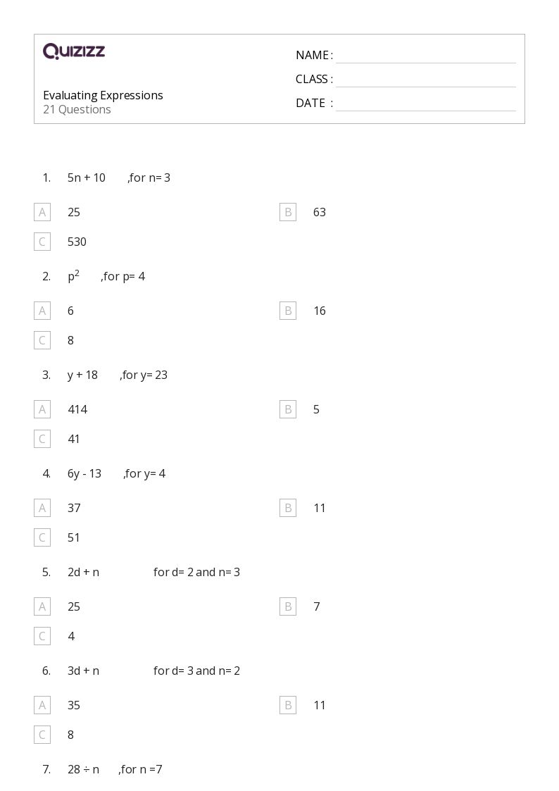 50+ Evaluating Expressions worksheets for 6th Grade on Quizizz | Free