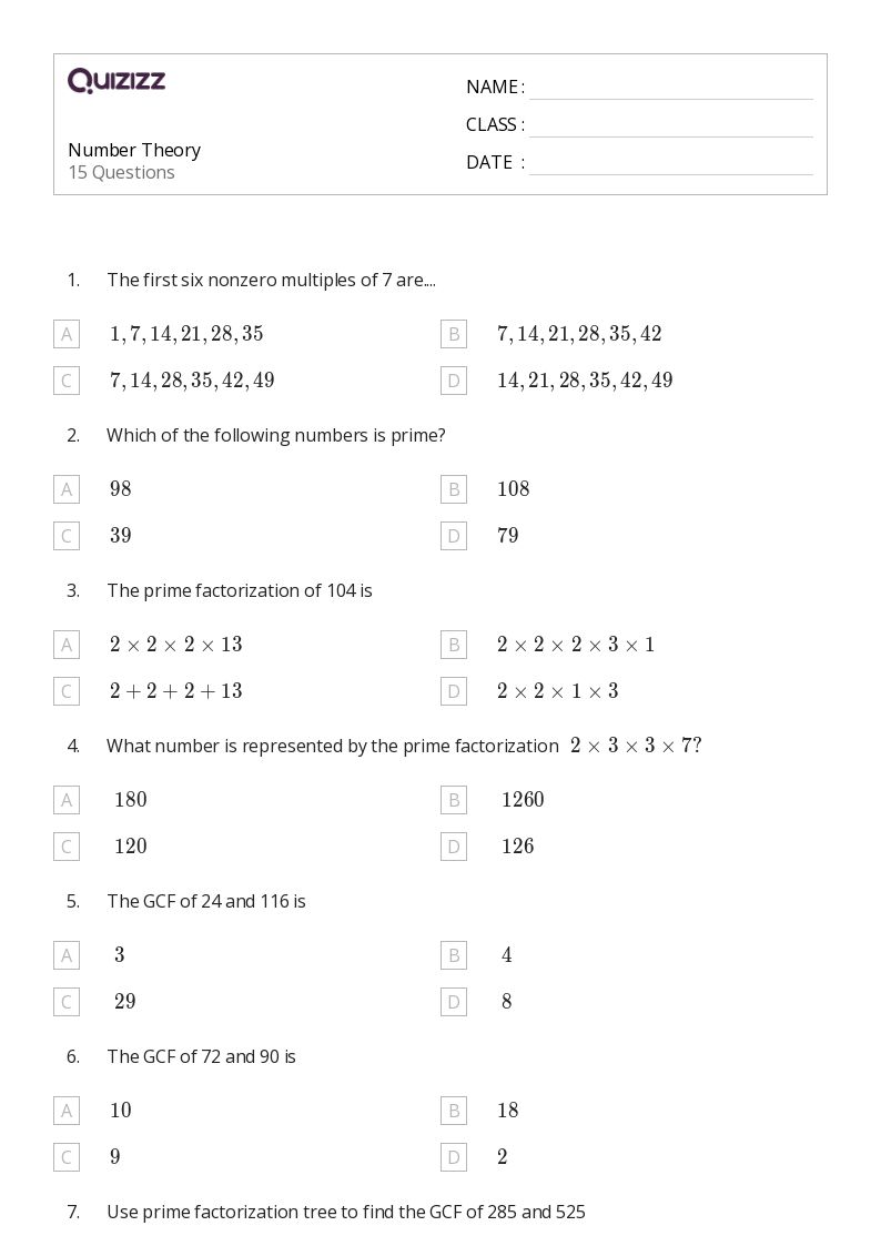 50+ Number Theory worksheets for 7th Grade on Quizizz Free & Printable