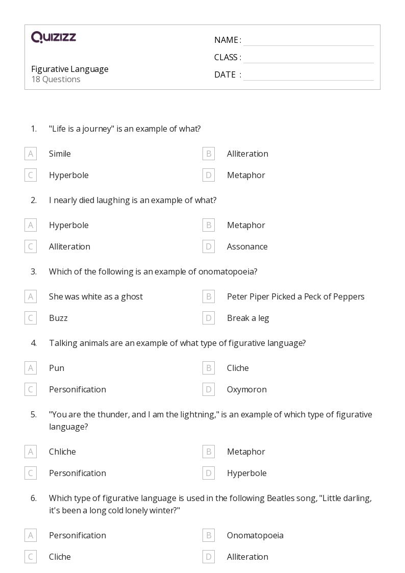 50+ Figurative Language worksheets for 4th Grade on Quizizz | Free