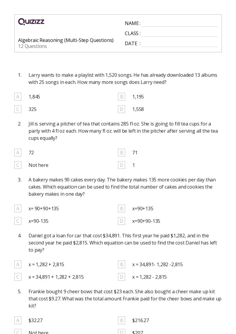 50+ MultiStep Equations worksheets for 4th Grade on Quizizz Free & Printable