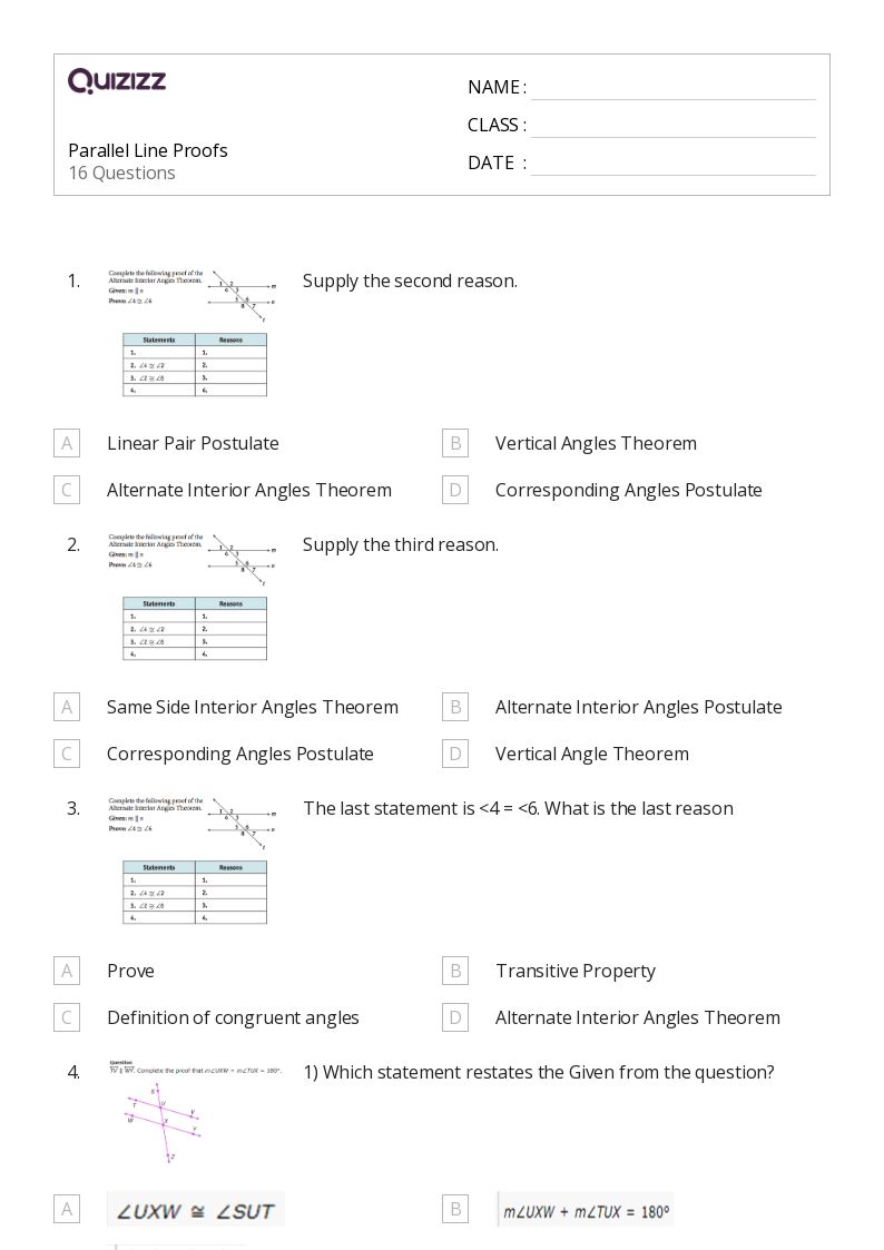 50+ transversal of parallel lines worksheets for 12th Class on Quizizz