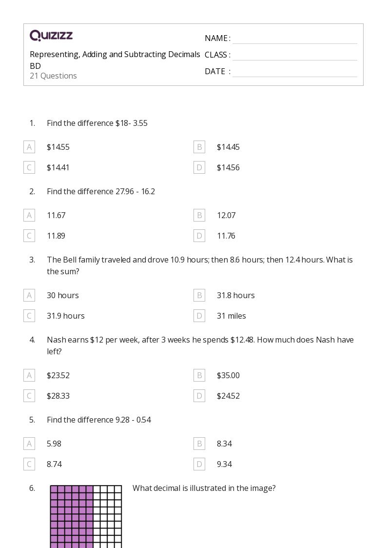 Printable Subtracting Decimals Worksheets for Grade 4 Quizizz