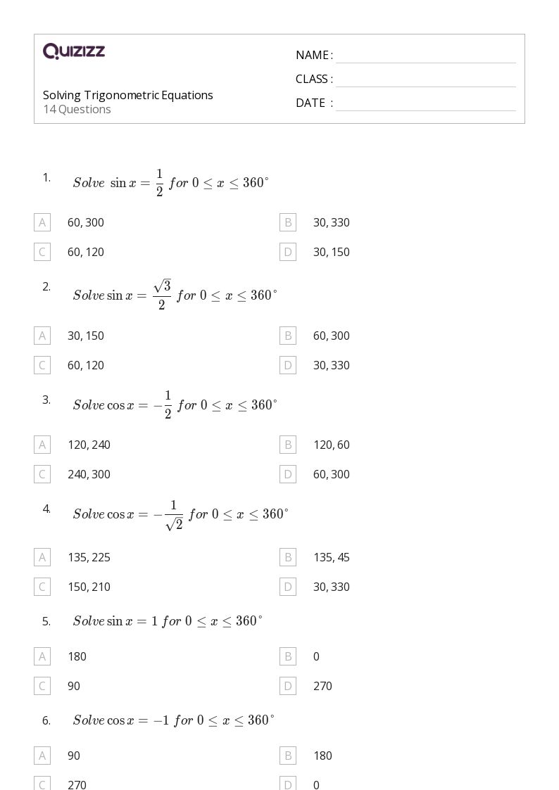 50+ trigonometric equations worksheets on Quizizz | Free & Printable
