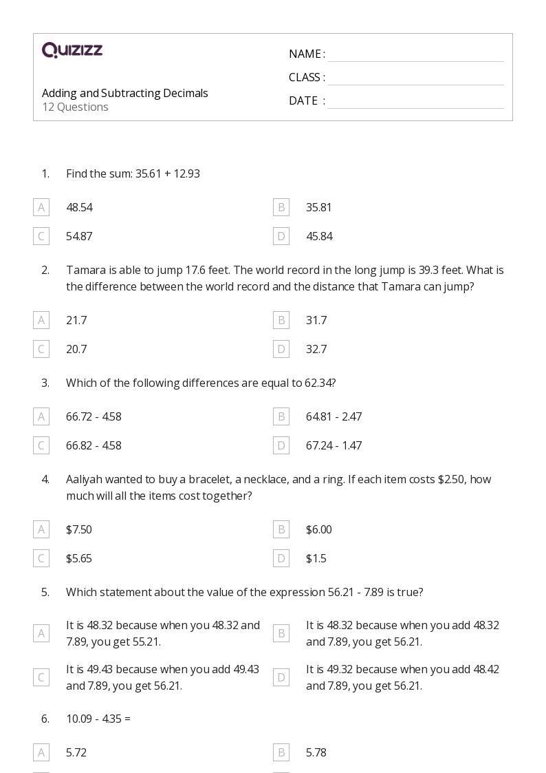 50+ Subtracting Decimals worksheets for 5th Grade on Quizizz Free & Printable