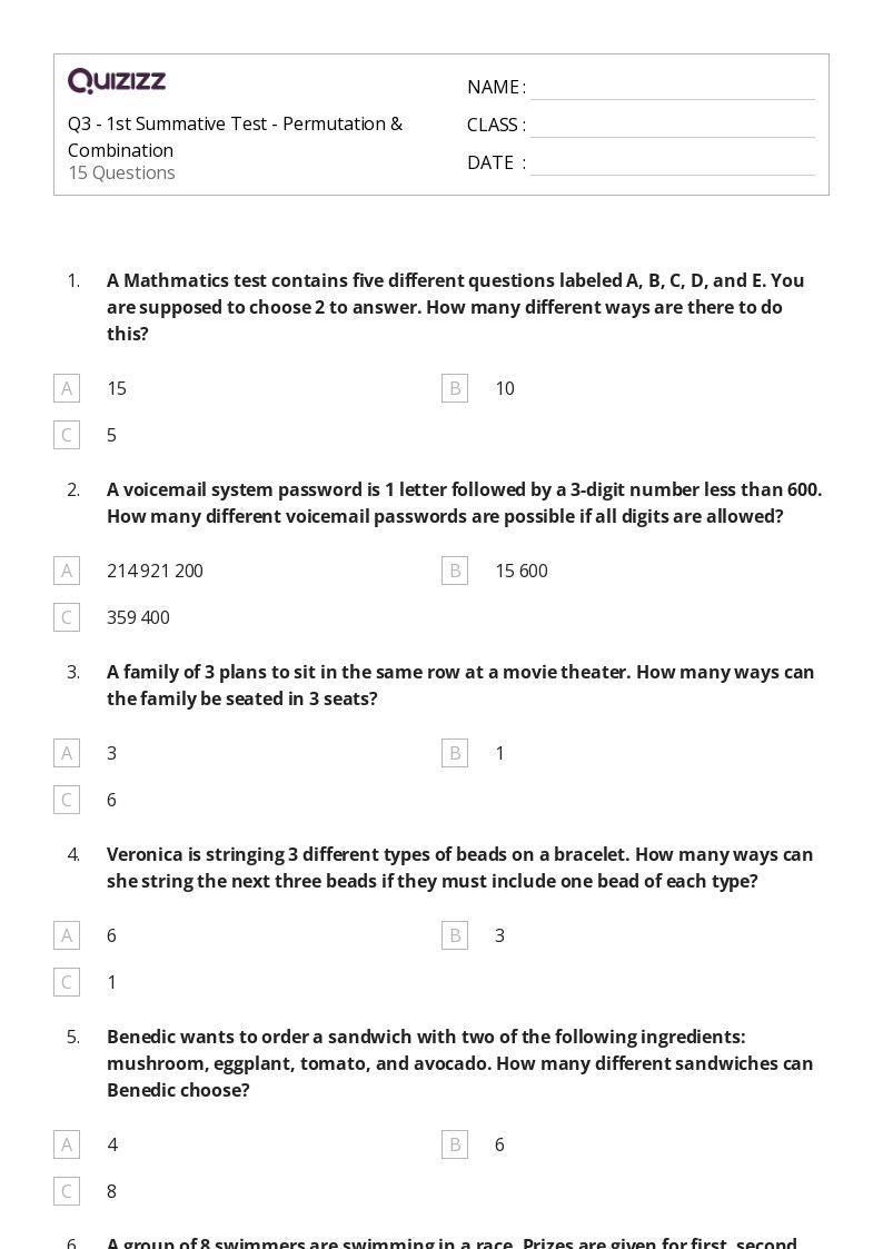 50+ permutation and combination worksheets for 12th Class on Quizizz