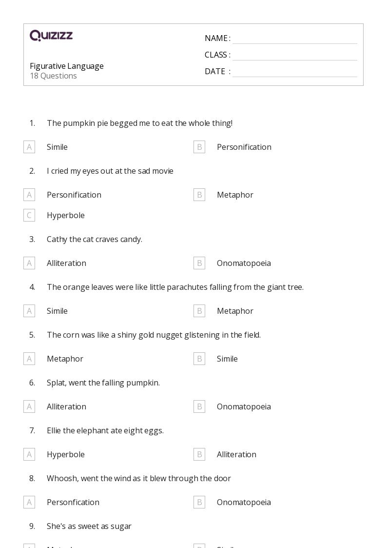 50+ Figurative Language worksheets for 5th Grade on Quizizz Free & Printable