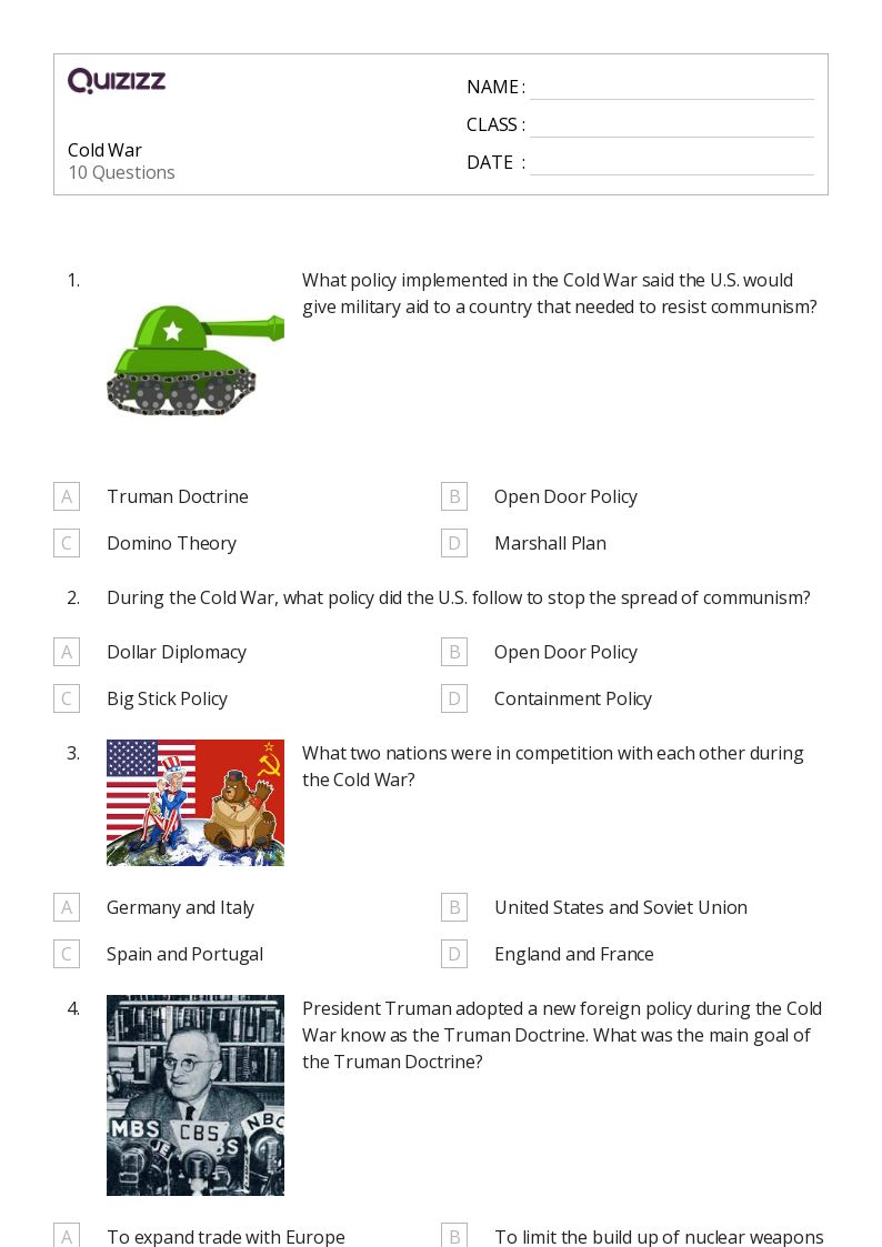 50+ cold war worksheets for 4th Grade on Quizizz Free & Printable