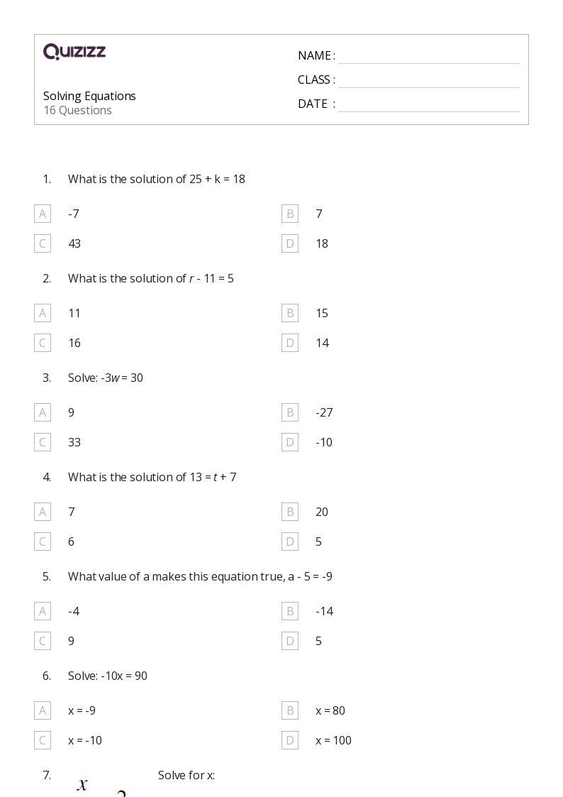 50+ Solving Equations worksheets for 6th Grade on Quizizz | Free