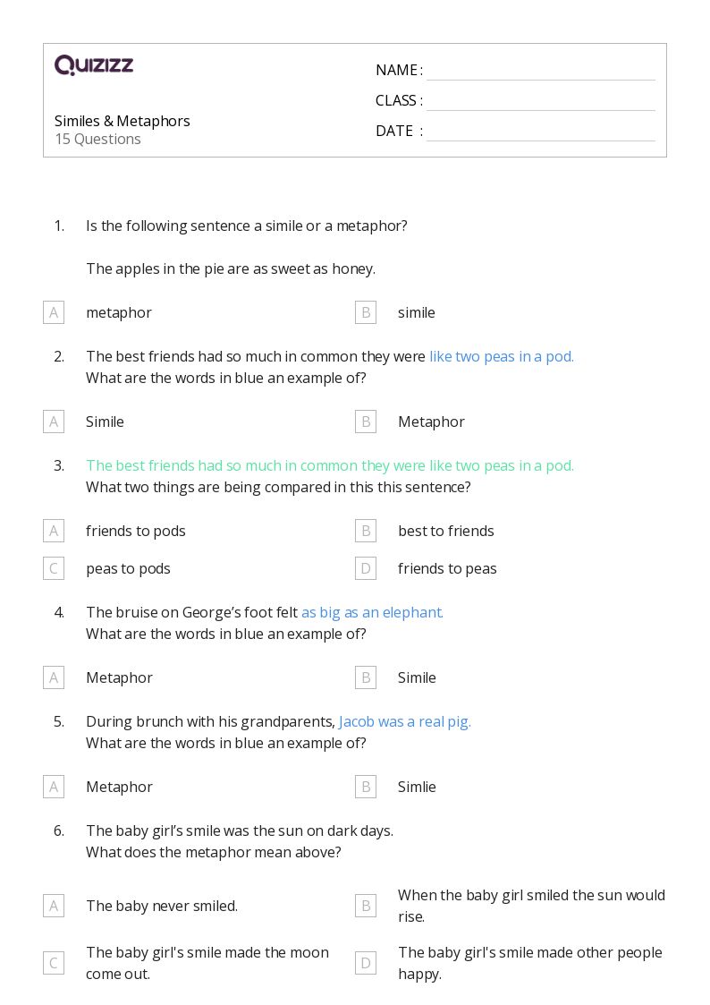 50+ Metaphors worksheets on Quizizz Free & Printable