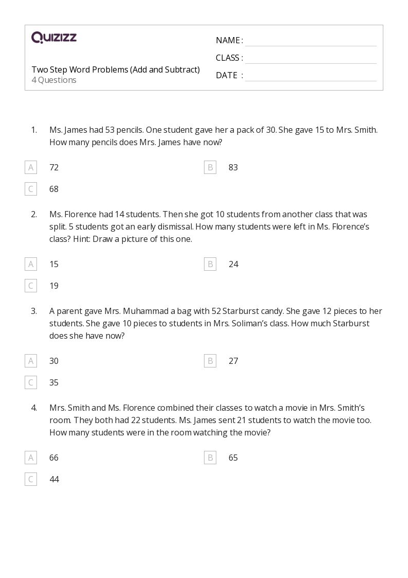 50+ TwoStep Word Problems worksheets for 1st Grade on Quizizz Free & Printable