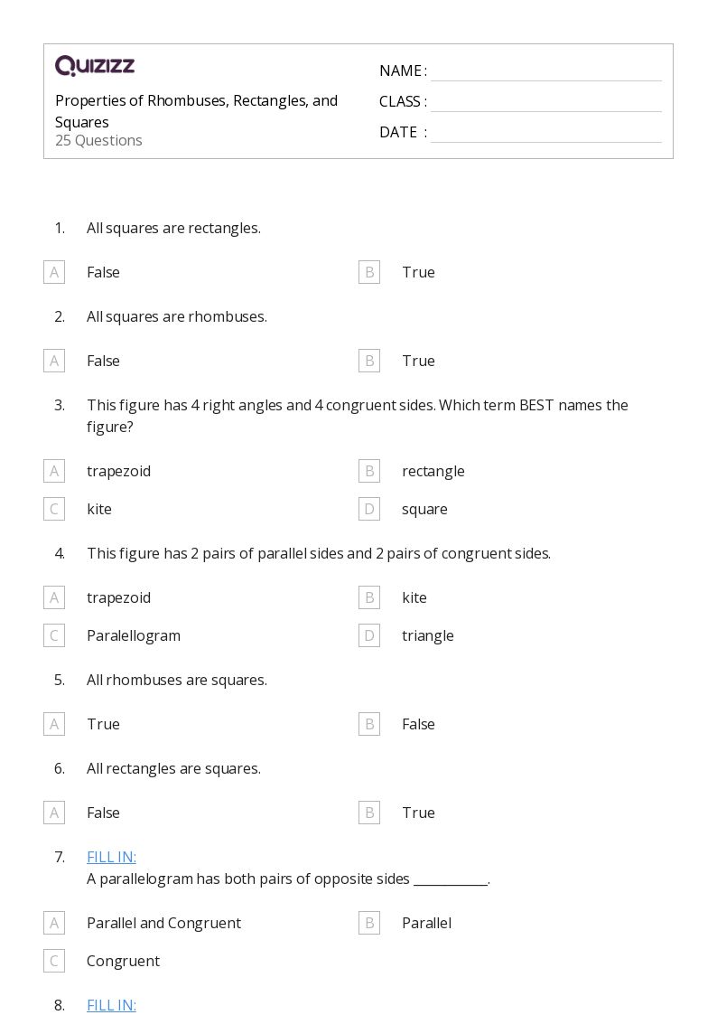 50+ properties of rhombuses worksheets for 12th Year on Quizizz | Free