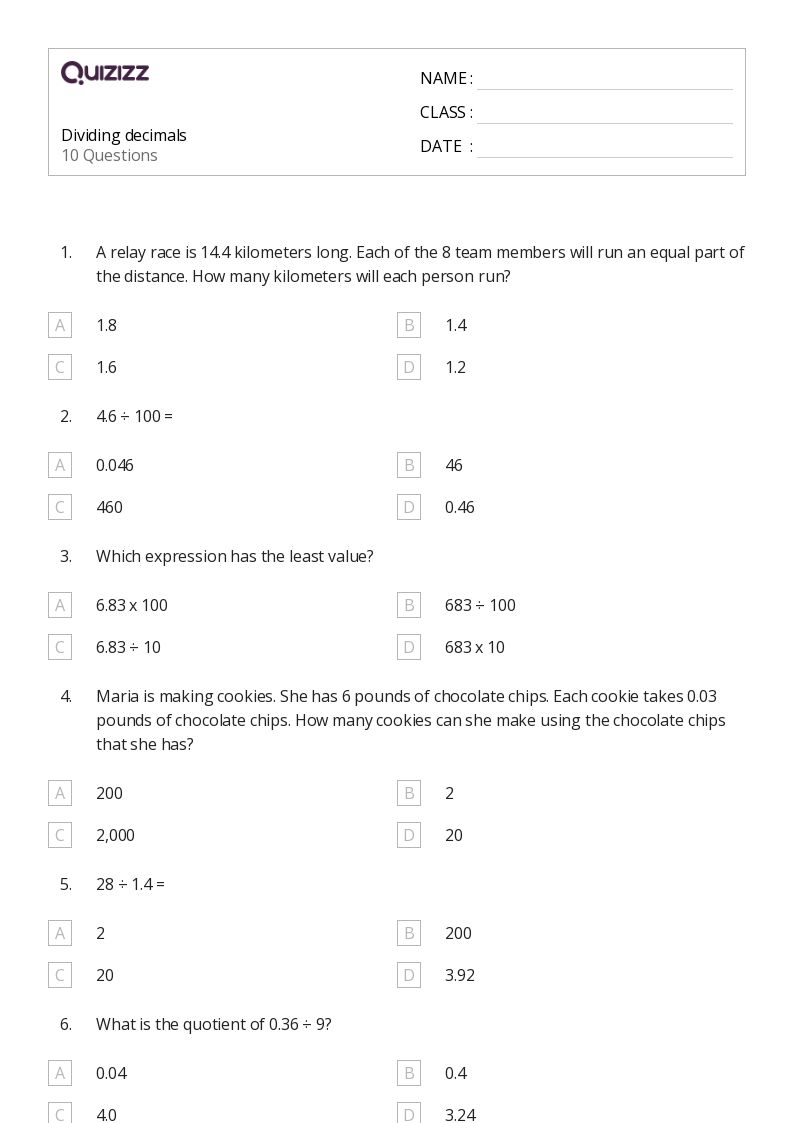 50+ Dividing Decimals worksheets for 5th Class on Quizizz Free & Printable