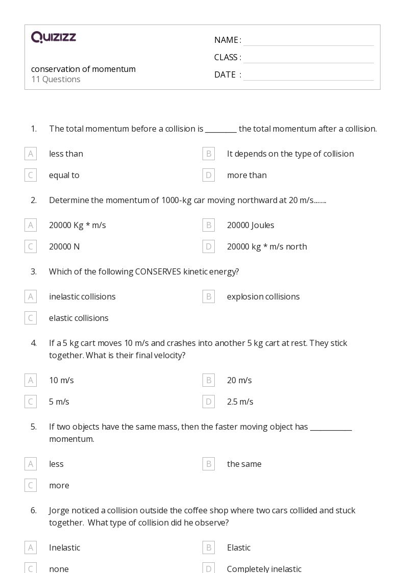 Printable elastic collisions and conservation of momentum Worksheets Quizizz