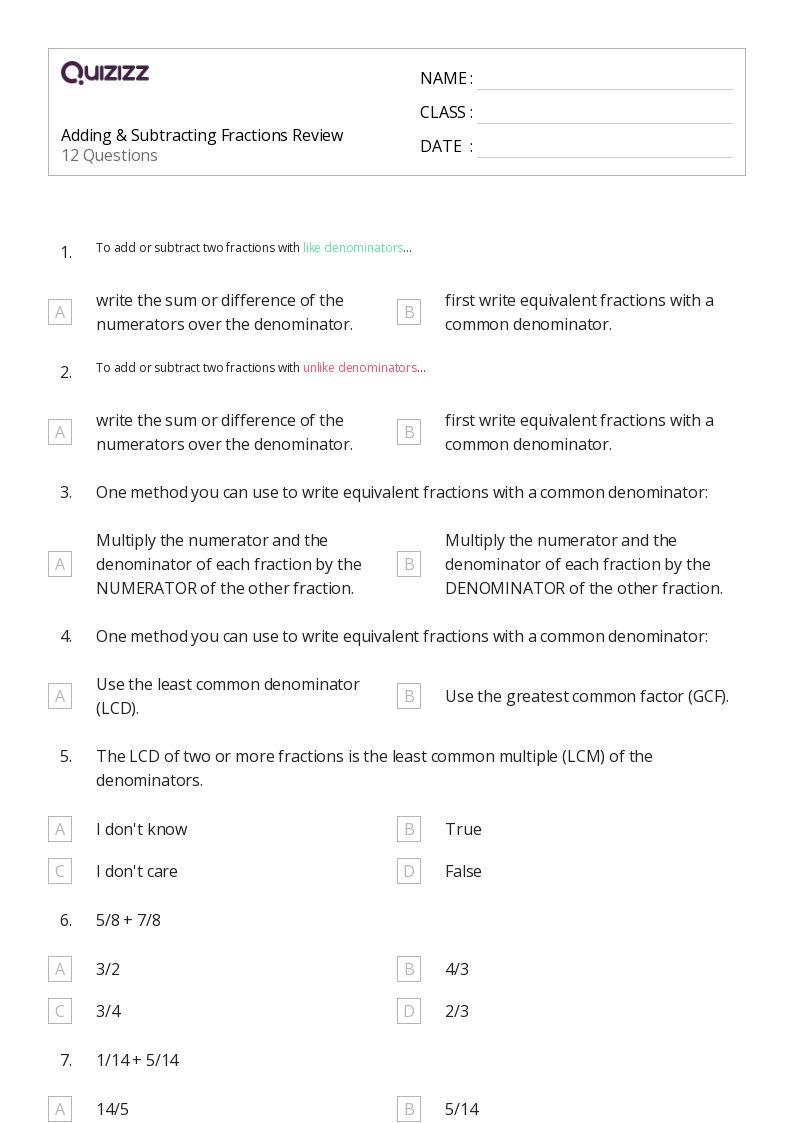 50+ Adding Fractions with Like Denominators worksheets for 8th Grade on