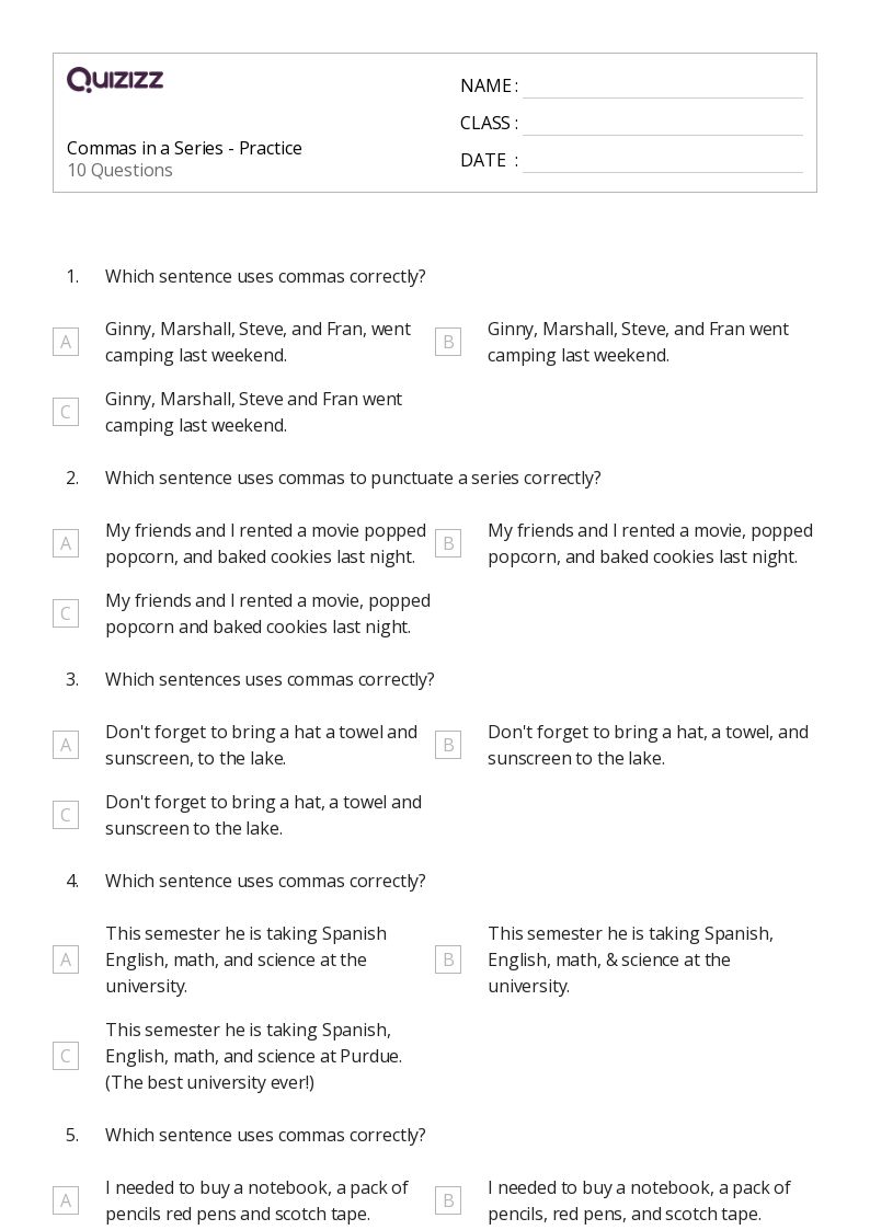 50+ Commas in a Series worksheets for 5th Grade on Quizizz Free & Printable