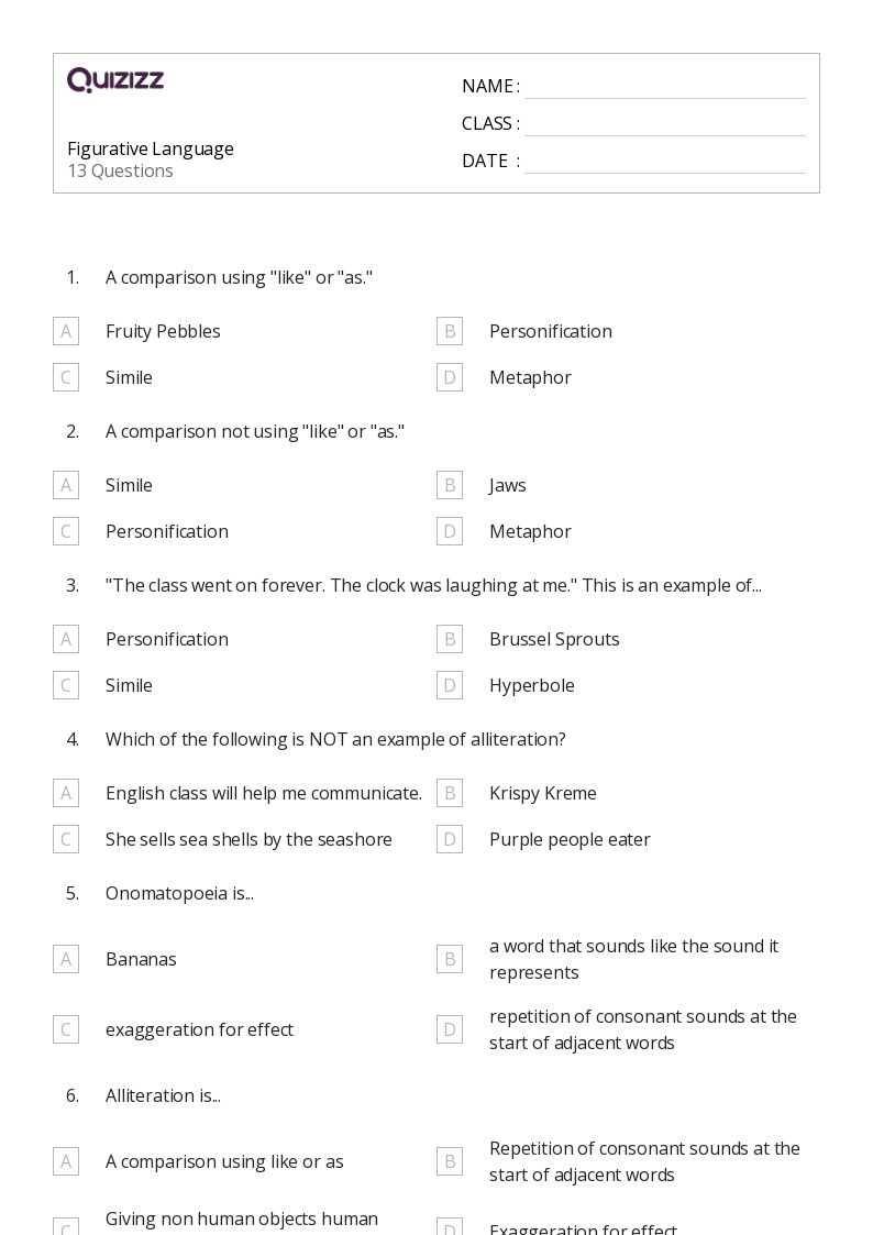 Printable Figurative Language Worksheets for Grade 8 Quizizz