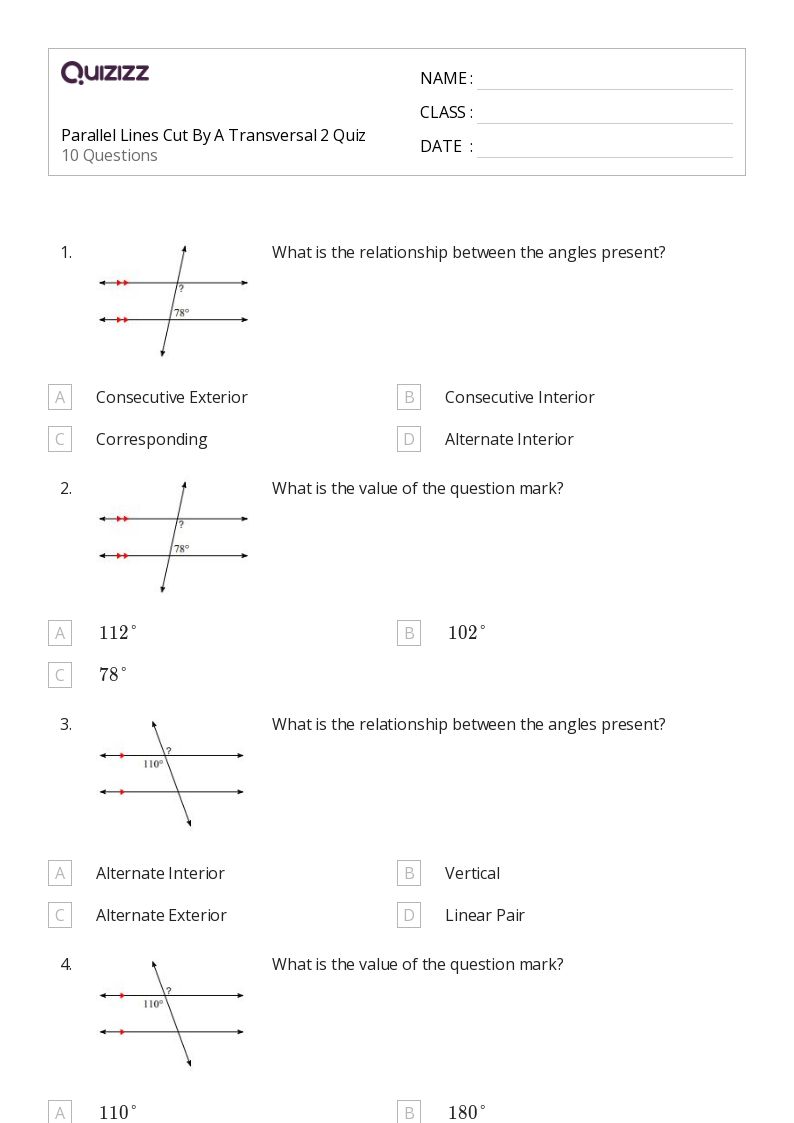 Printable transversal of parallel lines Worksheets for Grade 11 Quizizz