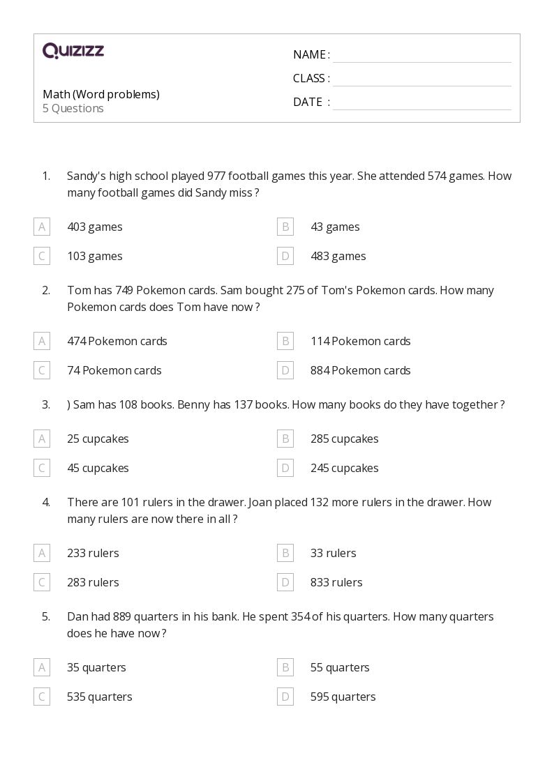 50+ Math Word Problems worksheets for 3rd Grade on Quizizz Free