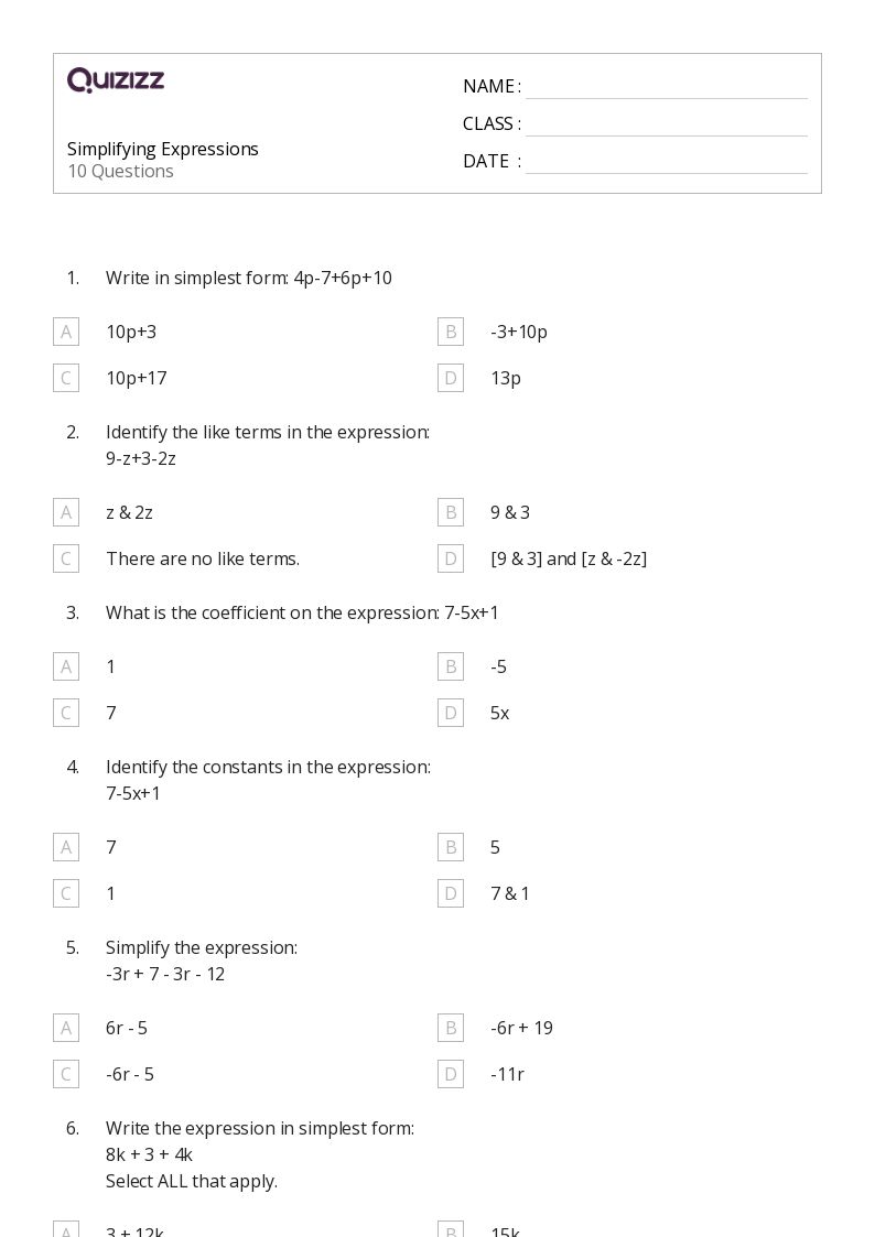 50+ Expressions worksheets for 7th Class on Quizizz Free & Printable
