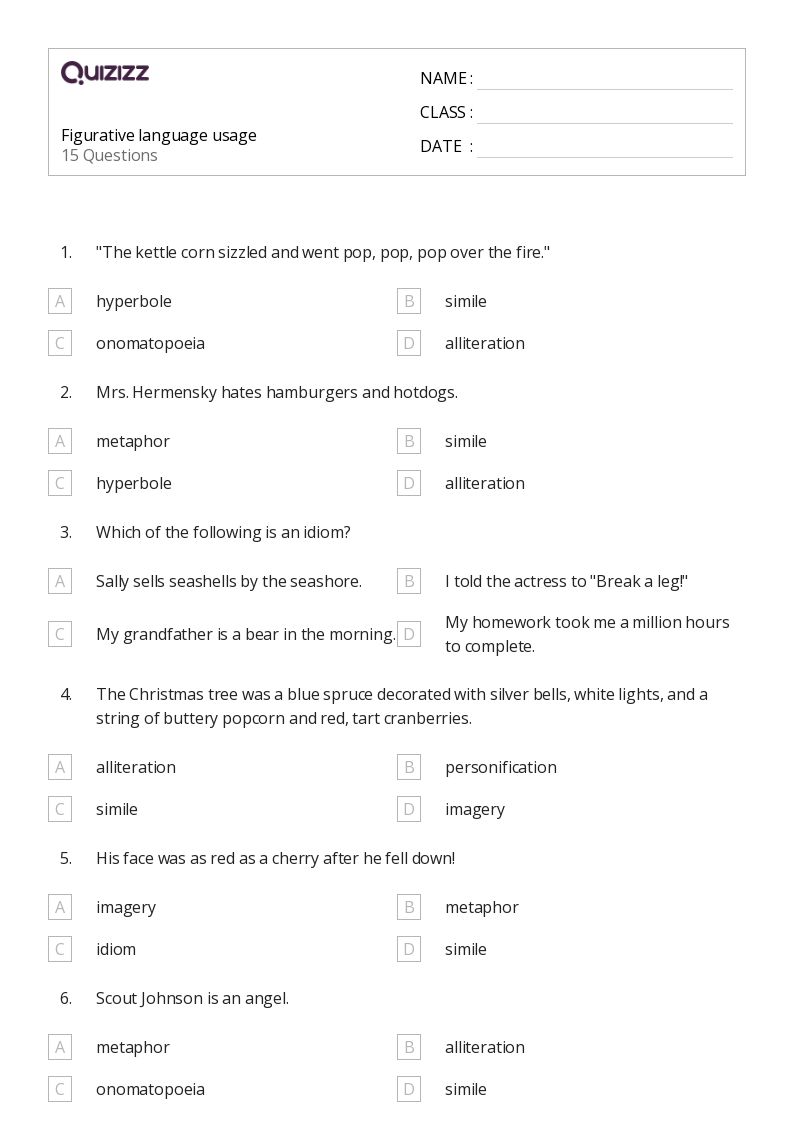 50+ Figurative Language worksheets for 4th Grade on Quizizz Free & Printable