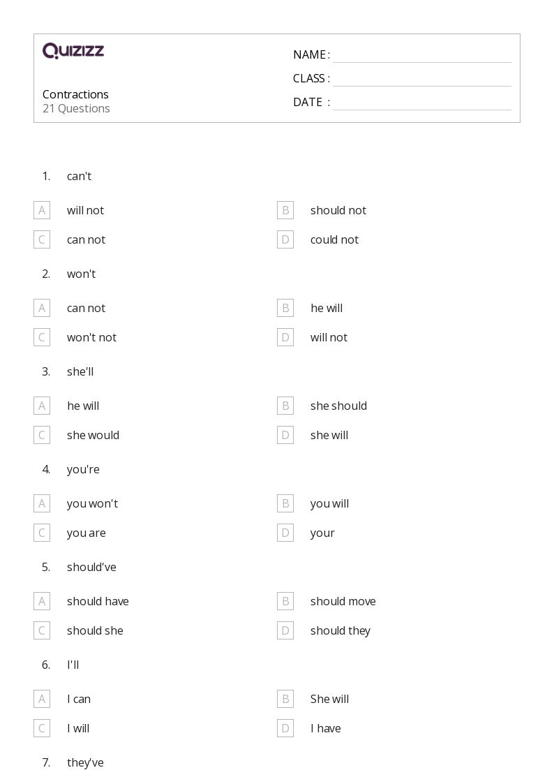 50+ Contractions worksheets for 3rd Grade on Quizizz Free & Printable