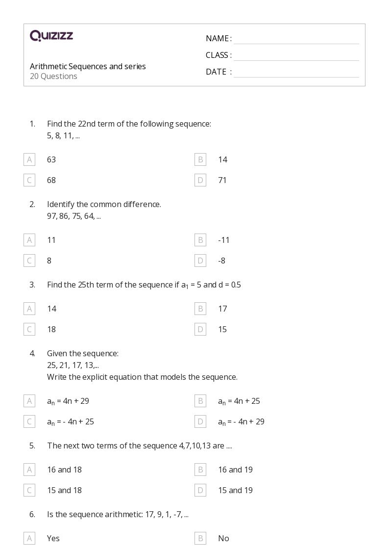 50+ Sequences and Series worksheets on Quizizz | Free & Printable
