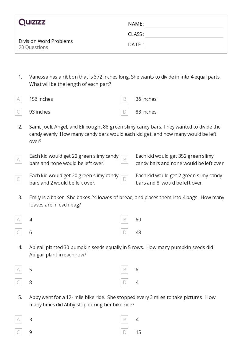 50+ Division Word Problems worksheets for 4th Grade on Quizizz | Free
