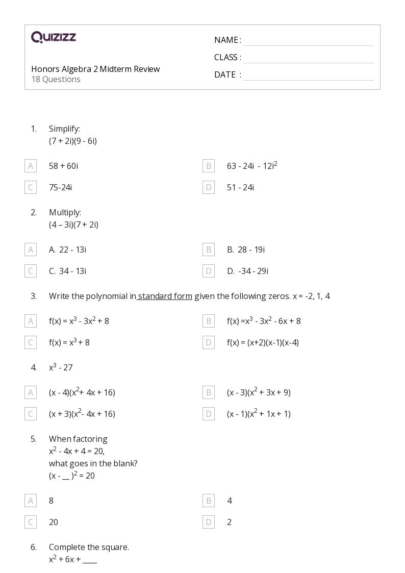 50+ Algebra 2 worksheets for 12th Grade on Quizizz | Free & Printable