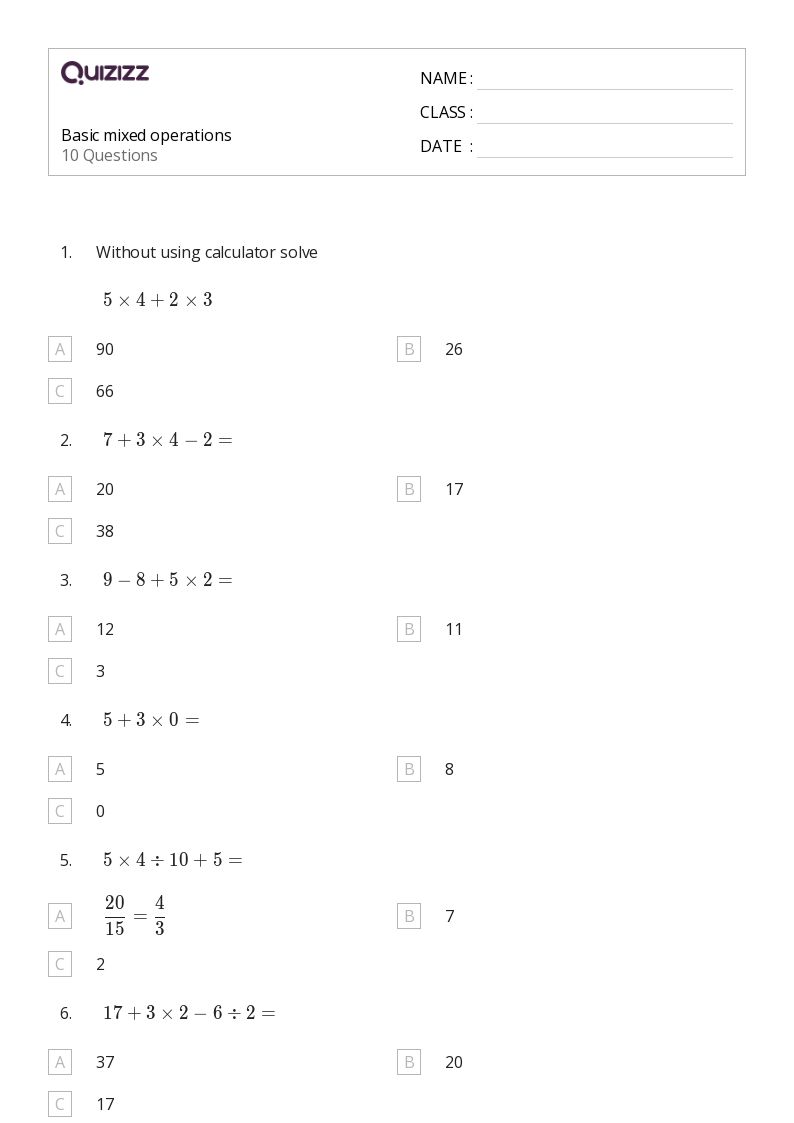 50+ Mixed Operations worksheets for 6th Grade on Quizizz Free & Printable