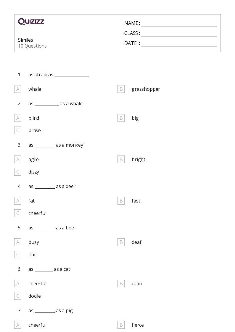 50+ Similes worksheets for 1st Class on Quizizz Free & Printable