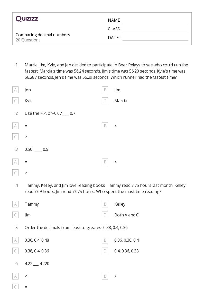50+ Decimals worksheets for 7th Class on Quizizz Free & Printable