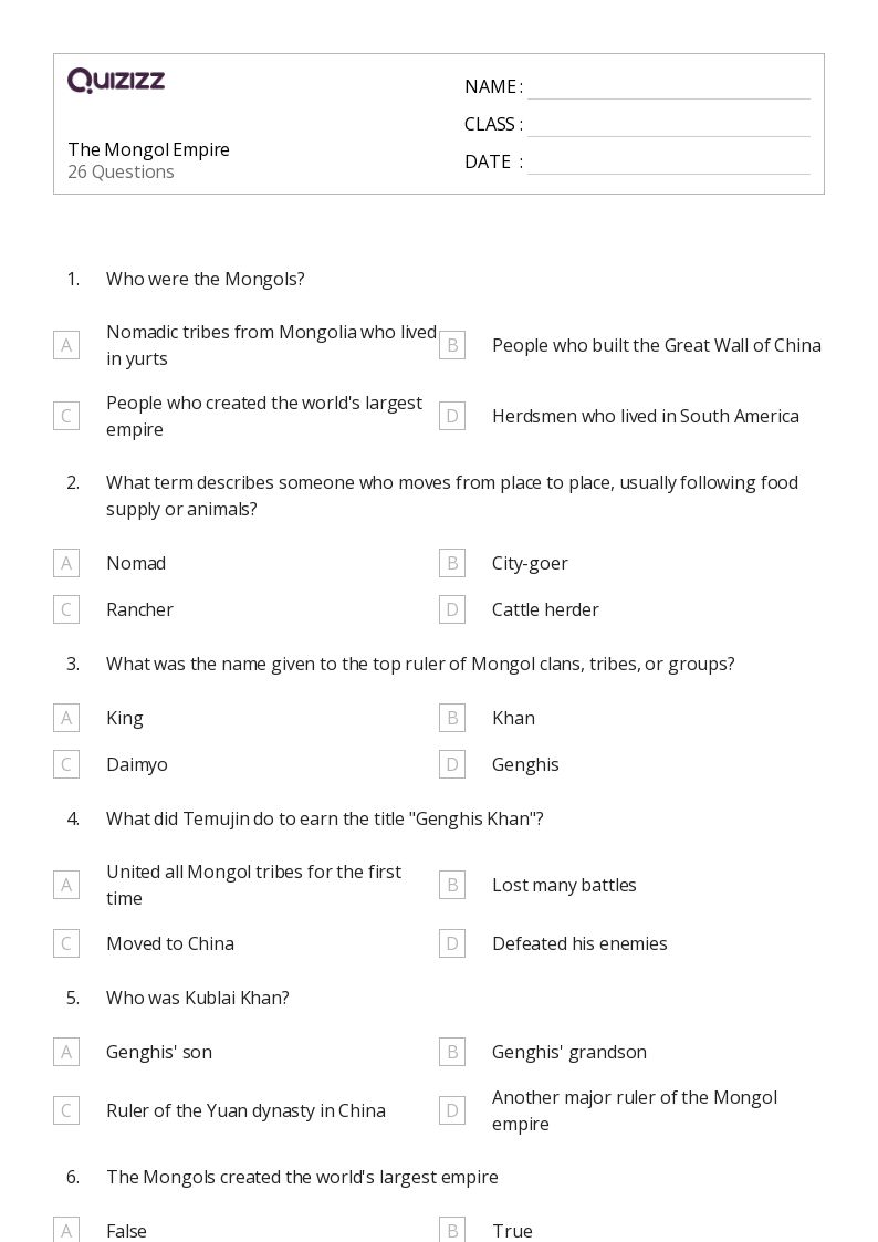 50+ the mongol empire worksheets on Quizizz Free & Printable