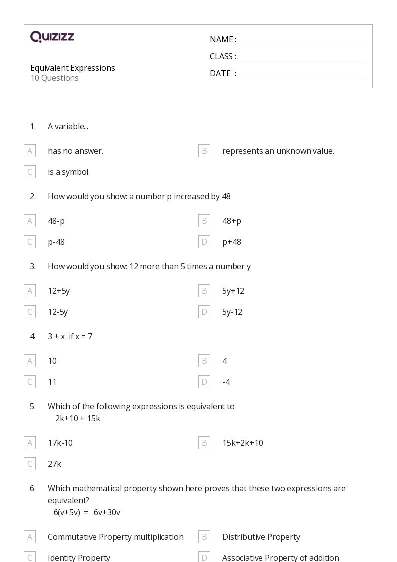 50+ Equivalent Expressions worksheets on Quizizz | Free & Printable