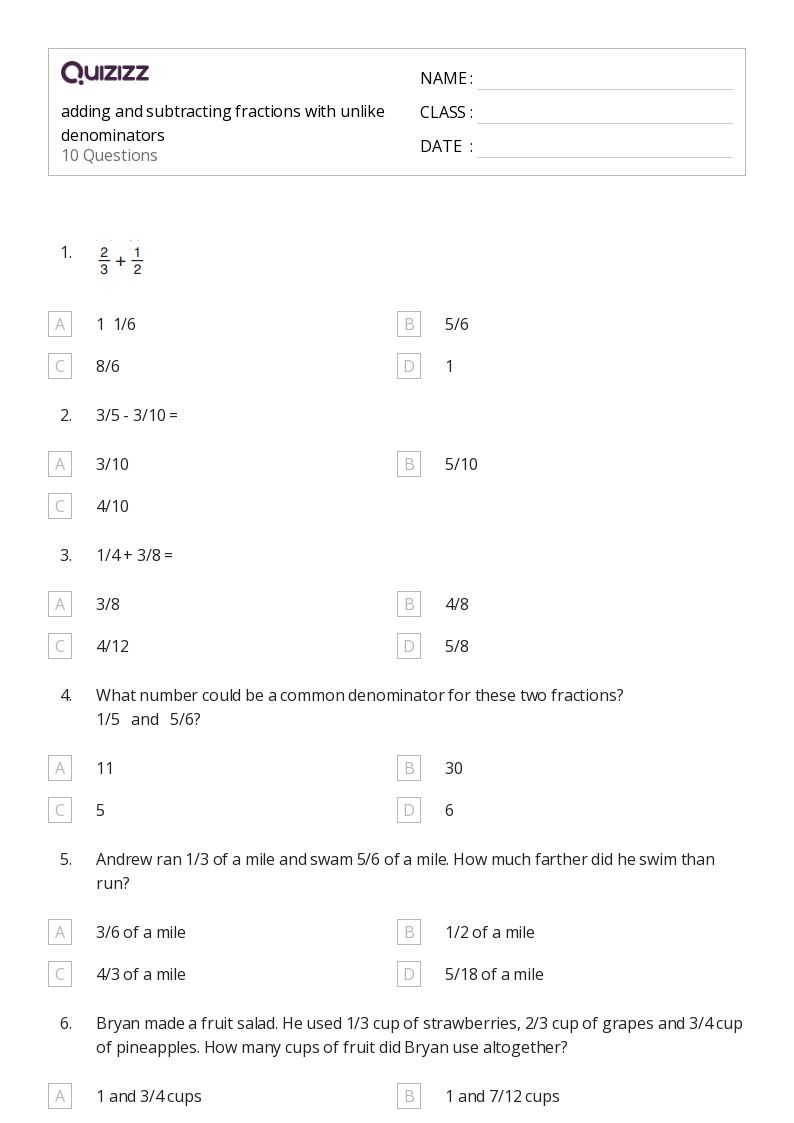 50+ Adding Fractions with Like Denominators worksheets for 5th Grade on Quizizz Free & Printable