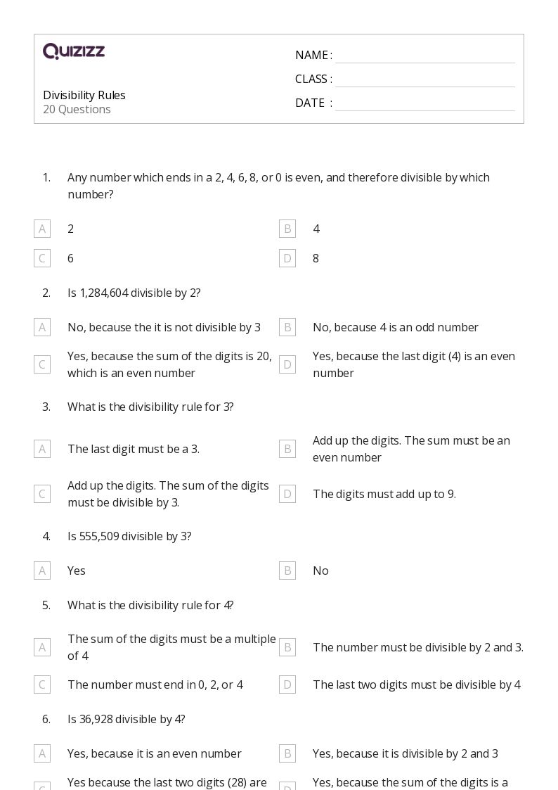 50+ Divisibility Rules worksheets for 5th Grade on Quizizz | Free