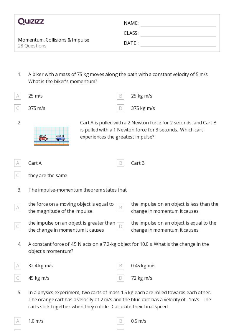 50+ elastic collisions and conservation of momentum worksheets for 12th Class on Quizizz Free