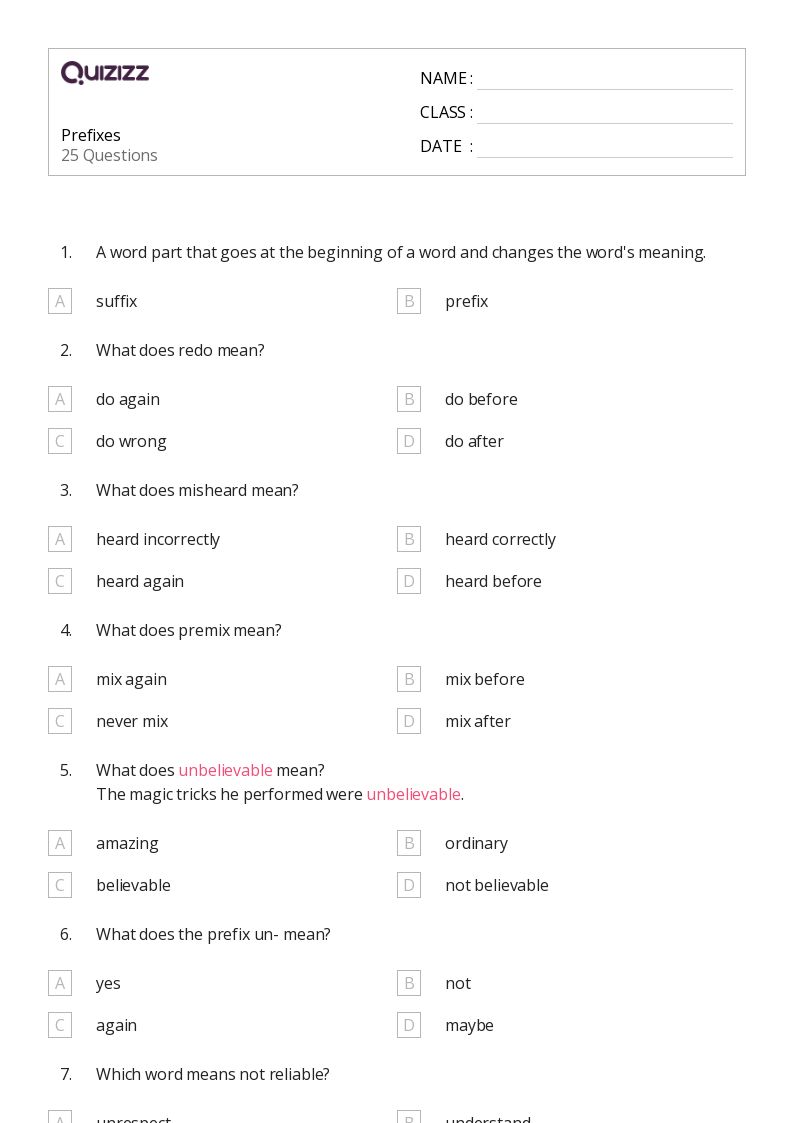 50+ Prefixes worksheets for 2nd Grade on Quizizz | Free & Printable