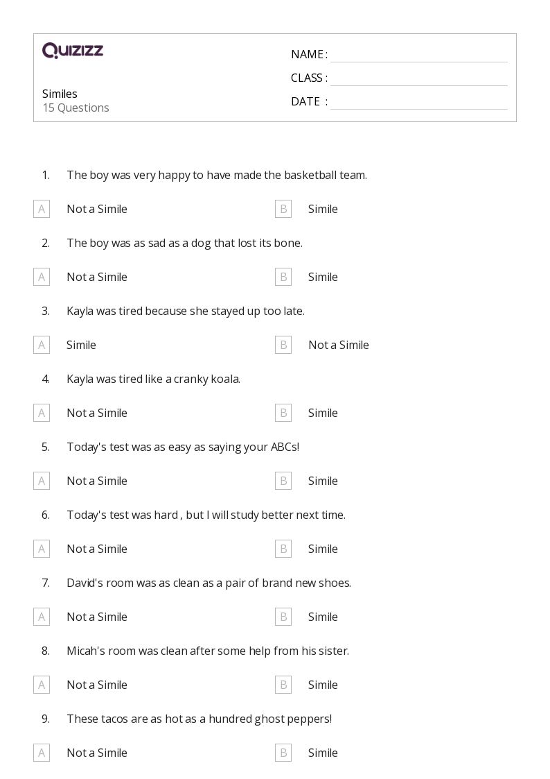 50+ Similes worksheets for 3rd Grade on Quizizz | Free & Printable