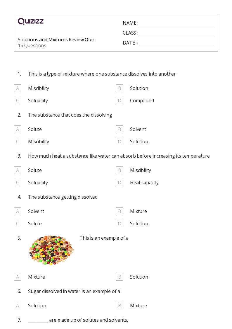 50+ solutions and mixtures worksheets on Quizizz | Free & Printable