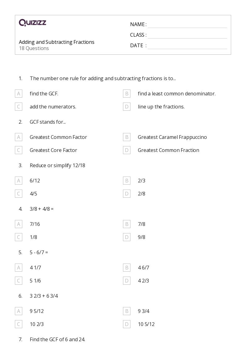 50+ Adding and Subtracting Fractions worksheets for 5th Grade on Quizizz Free & Printable