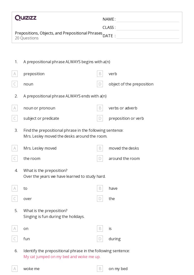 50+ Prepositional Phrases worksheets for 4th Grade on Quizizz Free & Printable