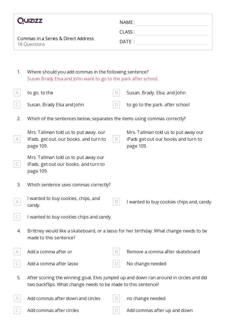 50+ Commas in a Series worksheets on Quizizz | Free & Printable