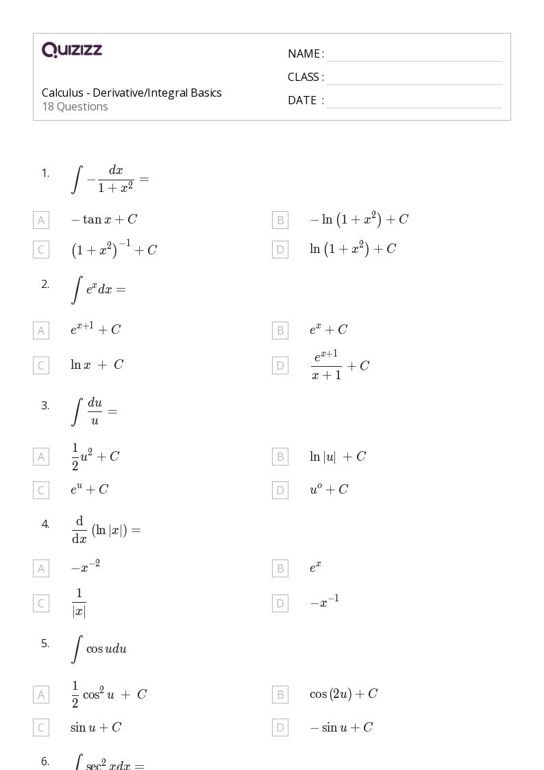 50+ integral calculus worksheets for 12th Year on Quizizz | Free