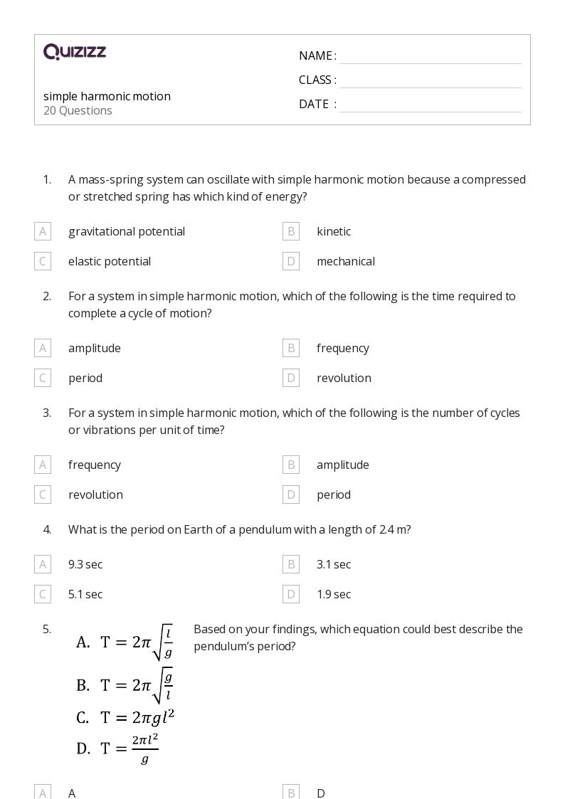 50+ simple harmonic motion worksheets for 9th Class on Quizizz Free