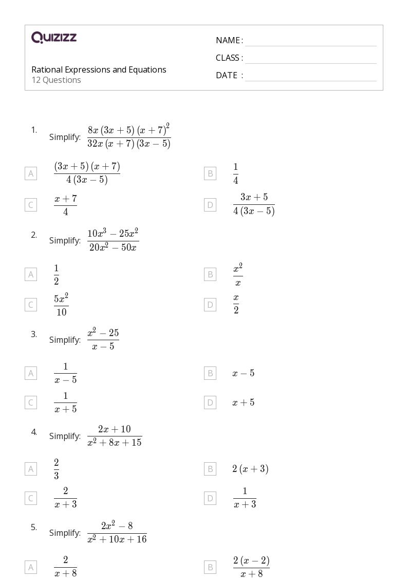 50+ rational expressions equations and functions worksheets for 11th Grade on Quizizz Free