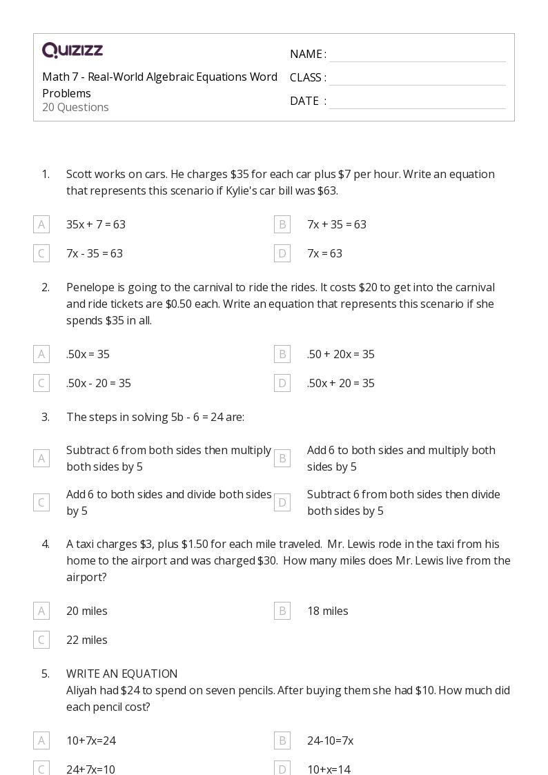 50+ Math Word Problems worksheets for 7th Grade on Quizizz Free & Printable