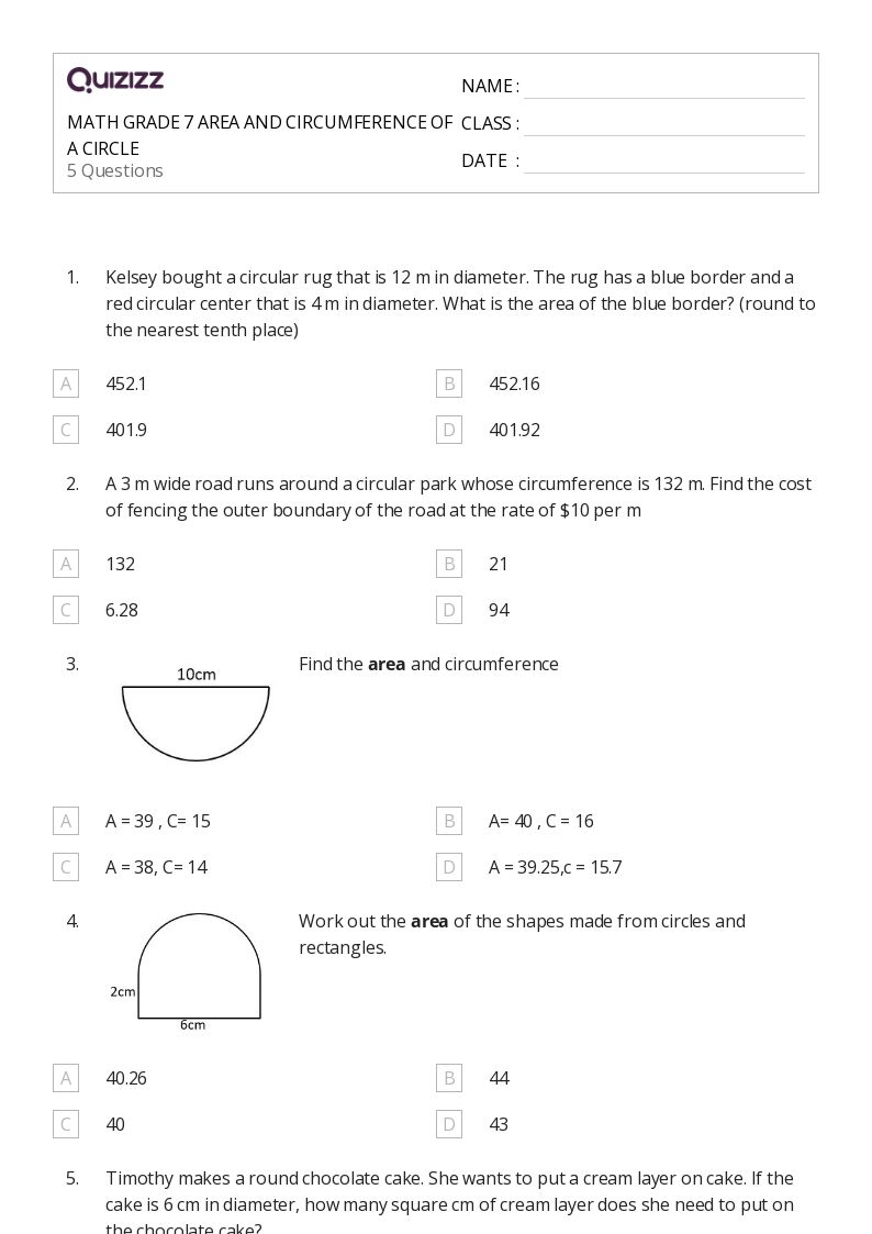 50+ Area and Circumference of a Circle worksheets for 6th Year on Quizizz Free & Printable