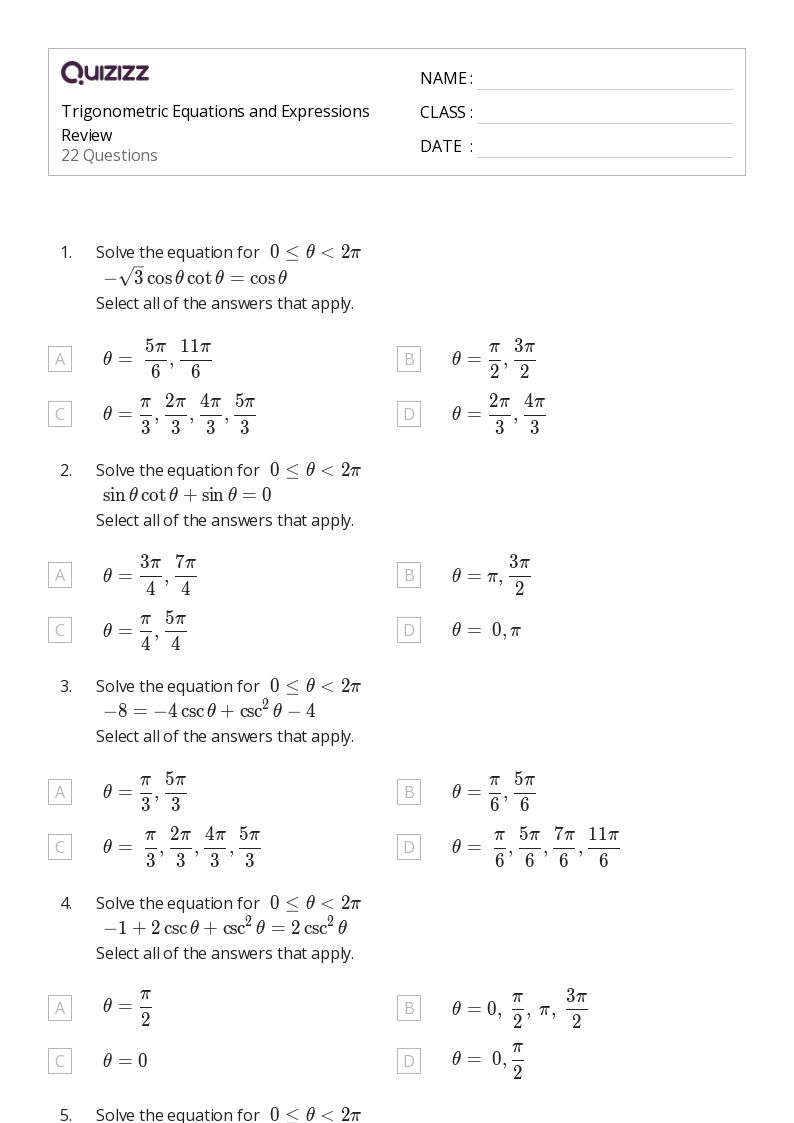 50+ trigonometric equations worksheets for 12th Grade on Quizizz Free & Printable